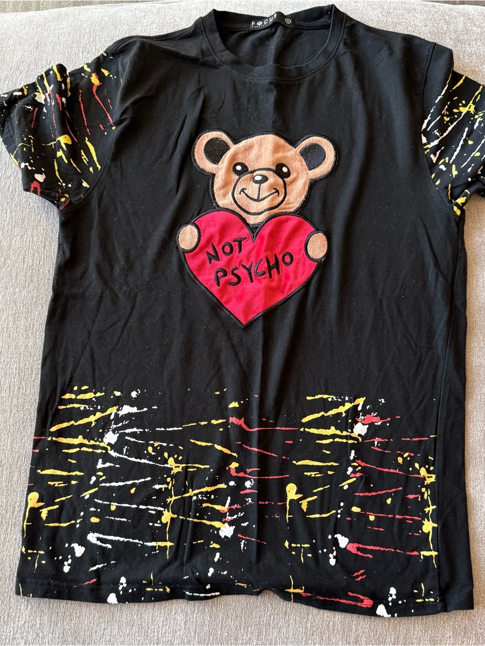 Focus Men’s Black Tee with Teddy Heart "Not Psycho" (XL)